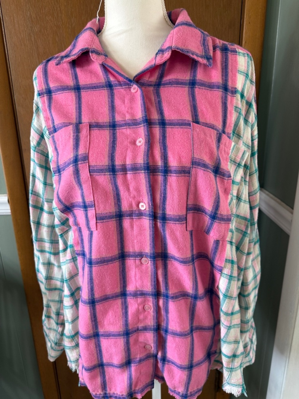 BiBi Pink Plaid Shirt with Blue and Green Accents Size L